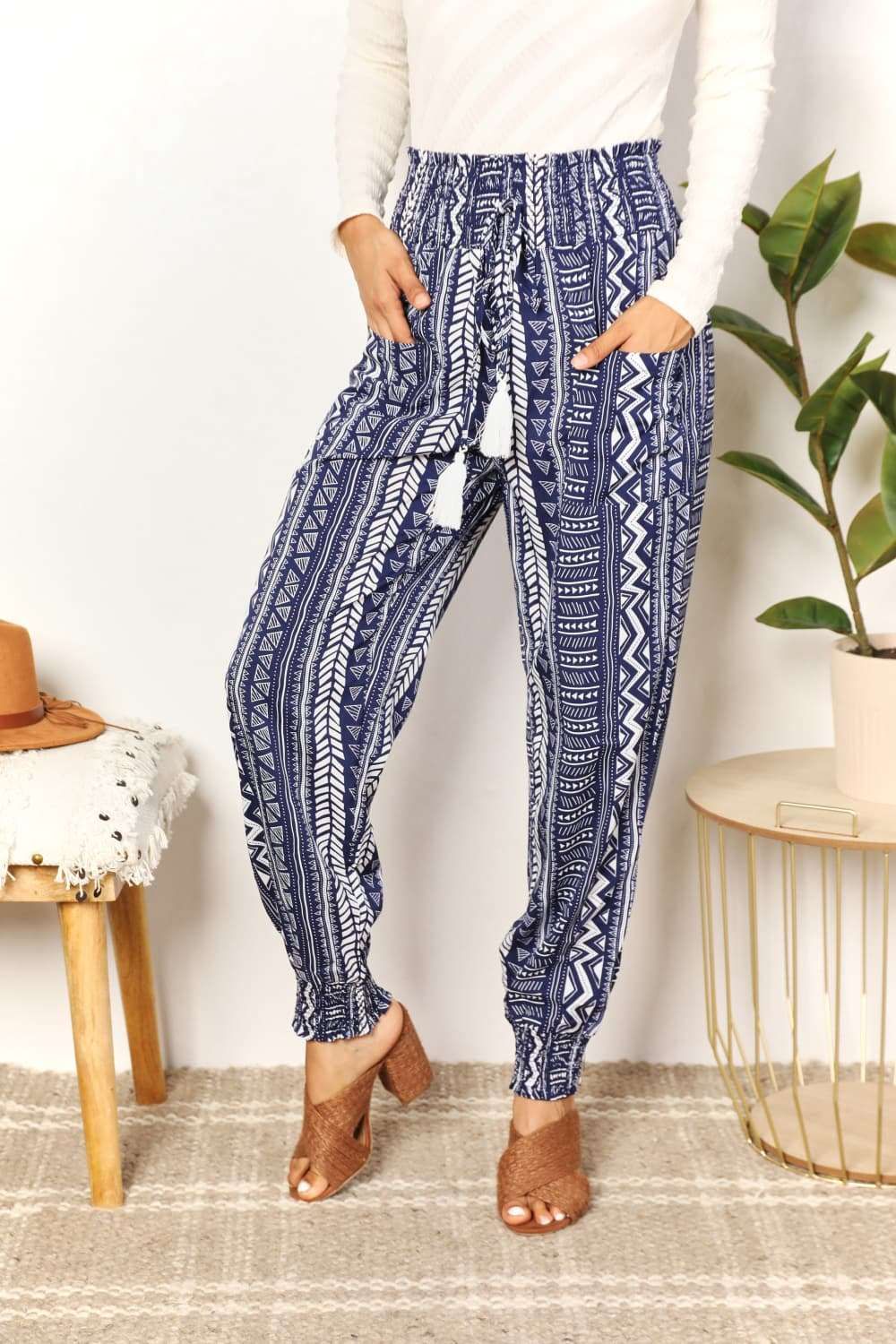 Double Take Geometric Print Tassel High-Rise Pants | us.meeeshop