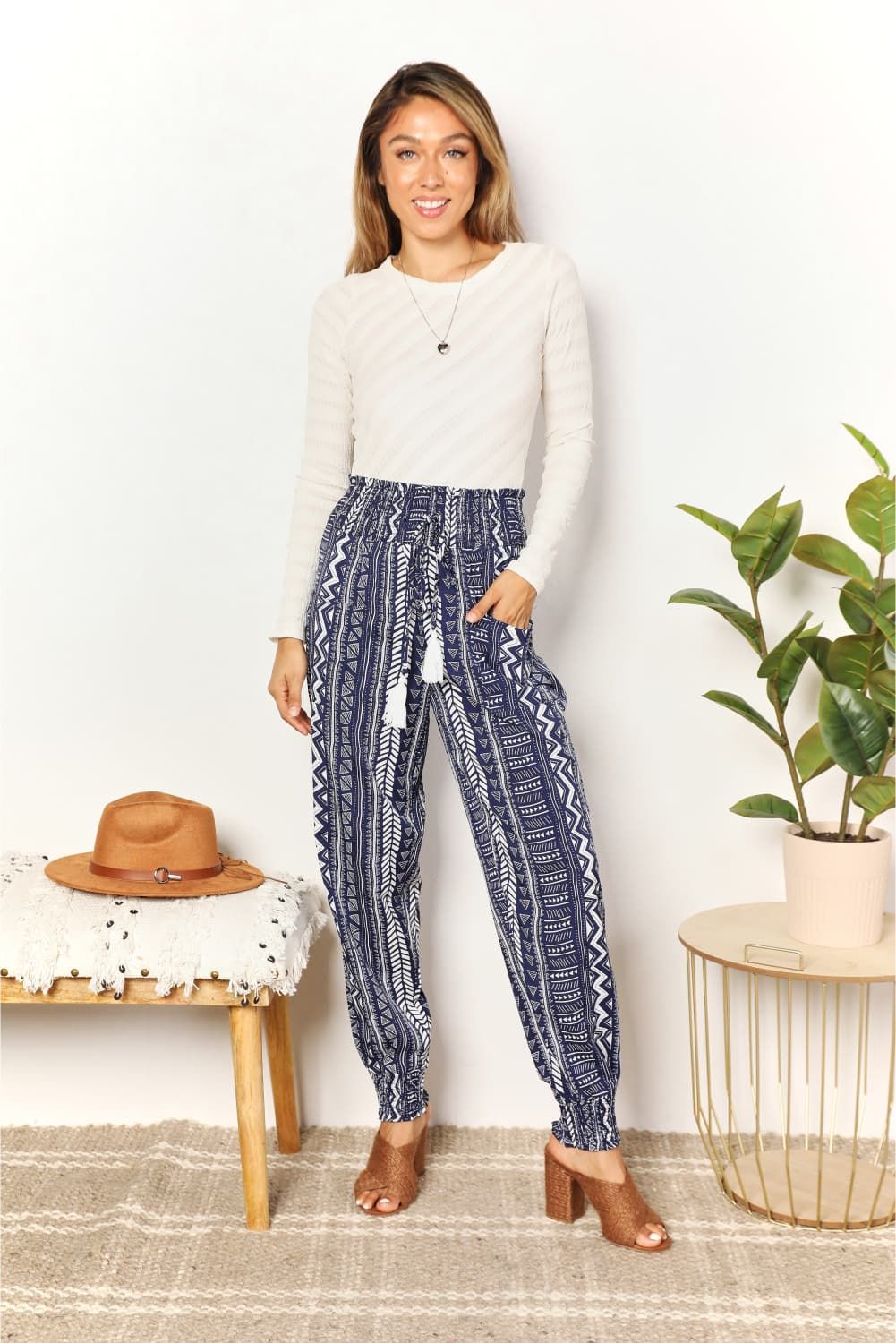 Double Take Geometric Print Tassel High-Rise Pants | us.meeeshop