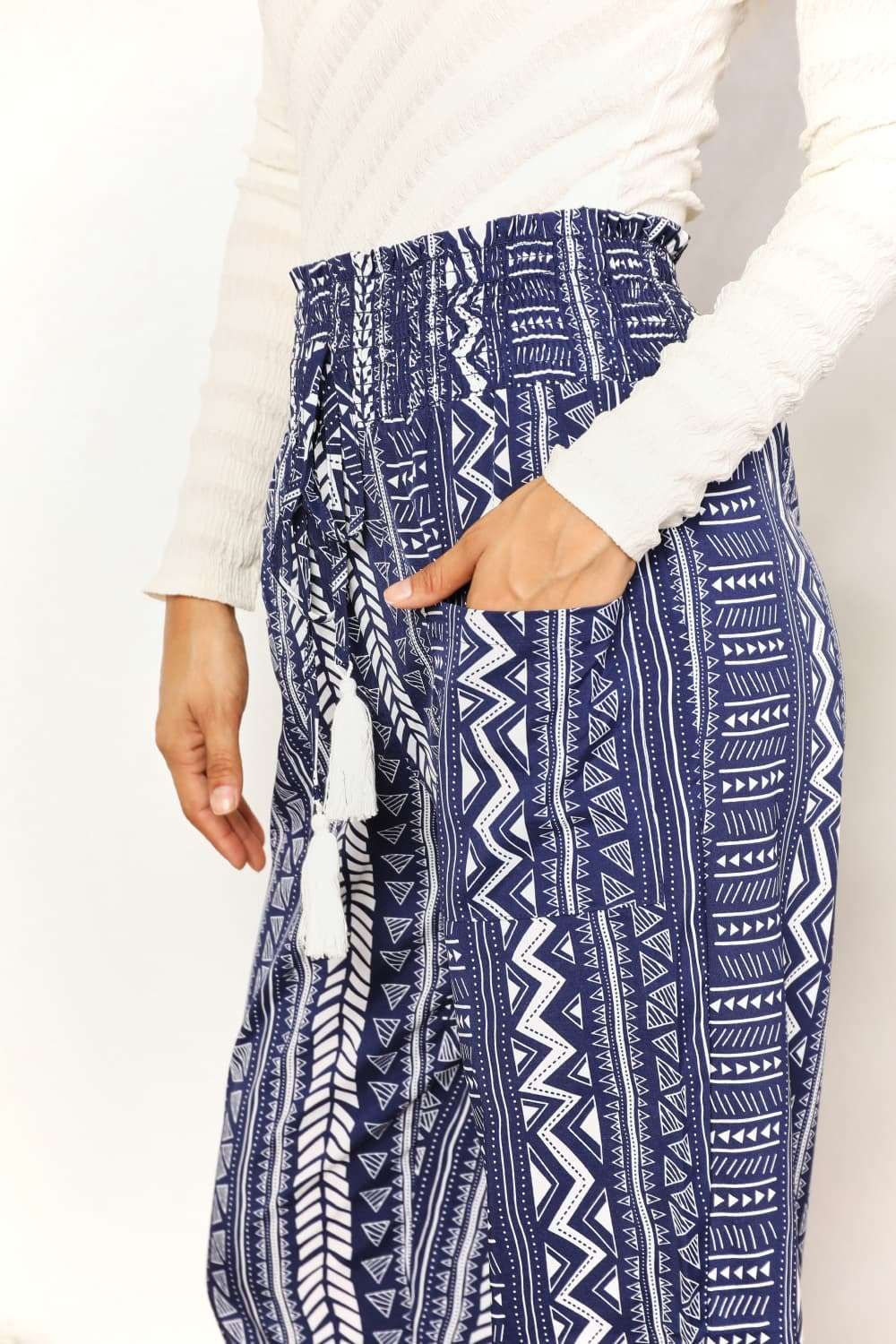 Double Take Geometric Print Tassel High-Rise Pants | us.meeeshop