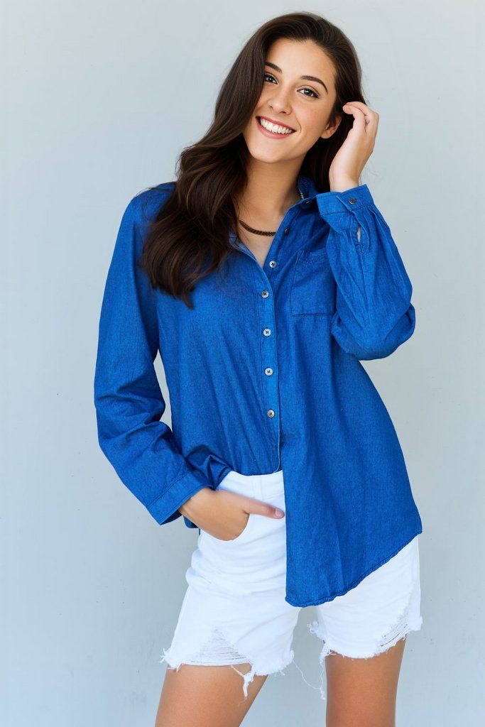 Doublju Blue Jean Baby Denim Button Down Shirt Top in Dark Blue us.meeeshop - Shirts & Tops