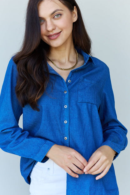 Doublju Blue Jean Baby Denim Button Down Shirt Top in Dark Blue us.meeeshop - 