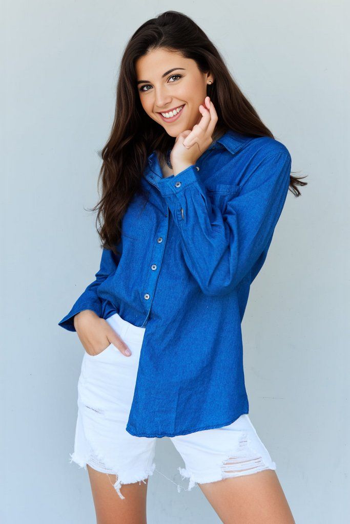 Doublju Blue Jean Baby Denim Button Down Shirt Top in Dark Blue us.meeeshop - 