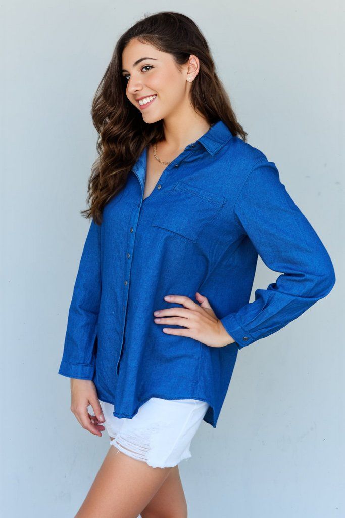 Doublju Blue Jean Baby Denim Button Down Shirt Top in Dark Blue us.meeeshop - 