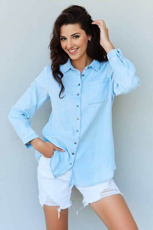 Doublju Blue Jean Baby Denim Button Down Shirt Top in Light Blue us.meeeshop - Shirts & Tops