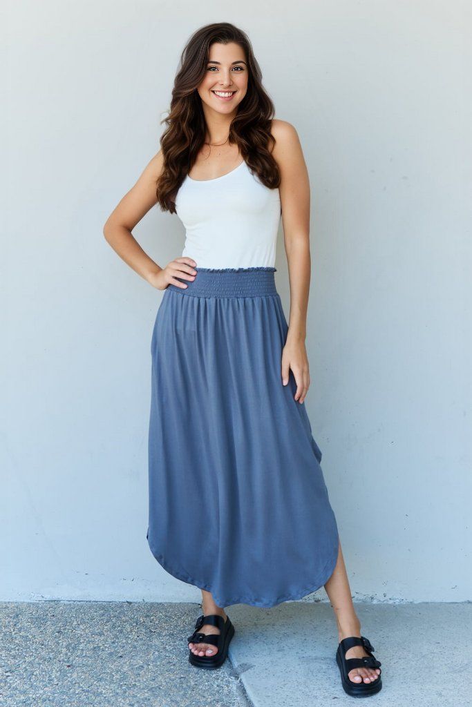 Doublju Comfort Princess Full Size High Waist Scoop Hem Maxi Skirt in Dusty Blue us.meeeshop - 