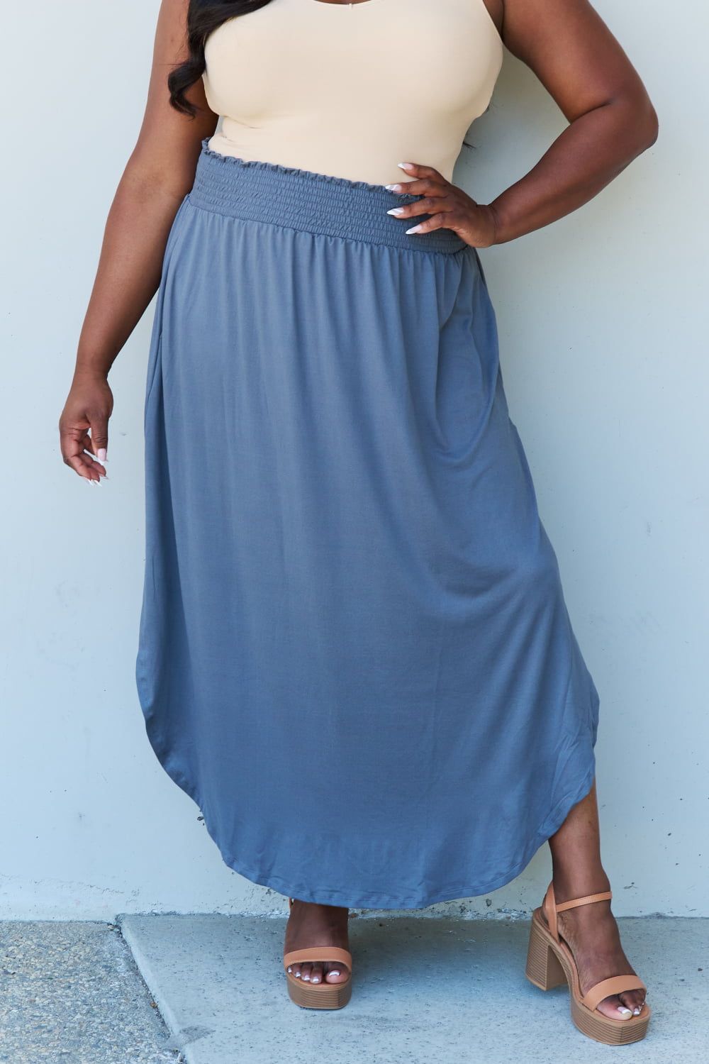 Doublju Comfort Princess Full Size High Waist Scoop Hem Maxi Skirt in Dusty Blue us.meeeshop - 