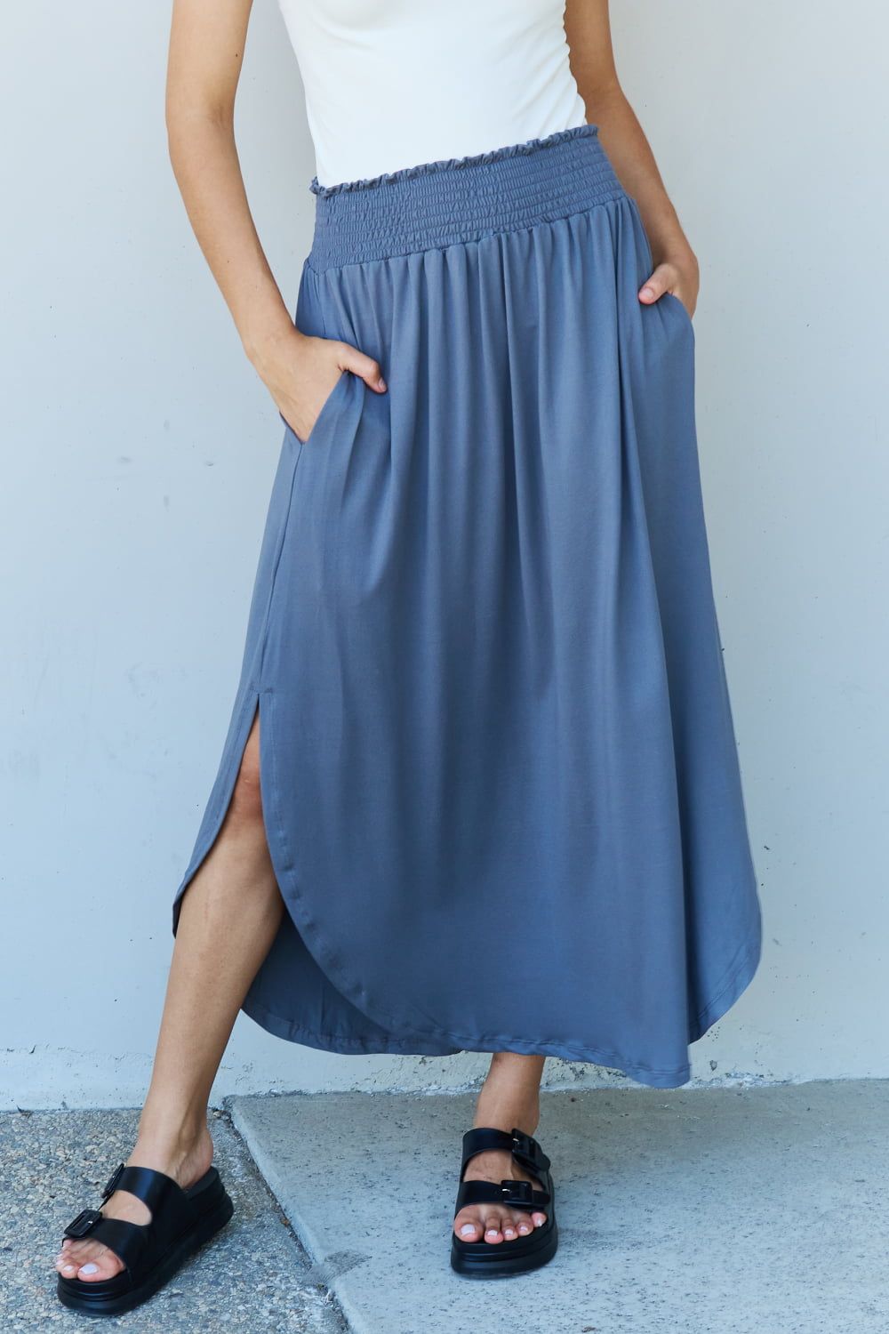 Doublju Comfort Princess Full Size High Waist Scoop Hem Maxi Skirt in Dusty Blue us.meeeshop - 