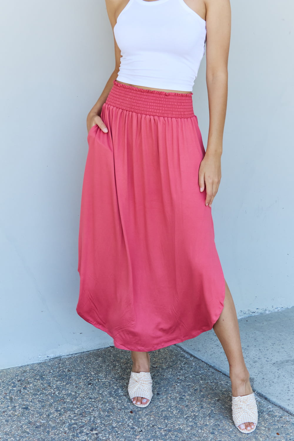 Doublju Comfort Princess Full Size High Waist Scoop Hem Maxi Skirt in Hot Pink | us.meeeshop