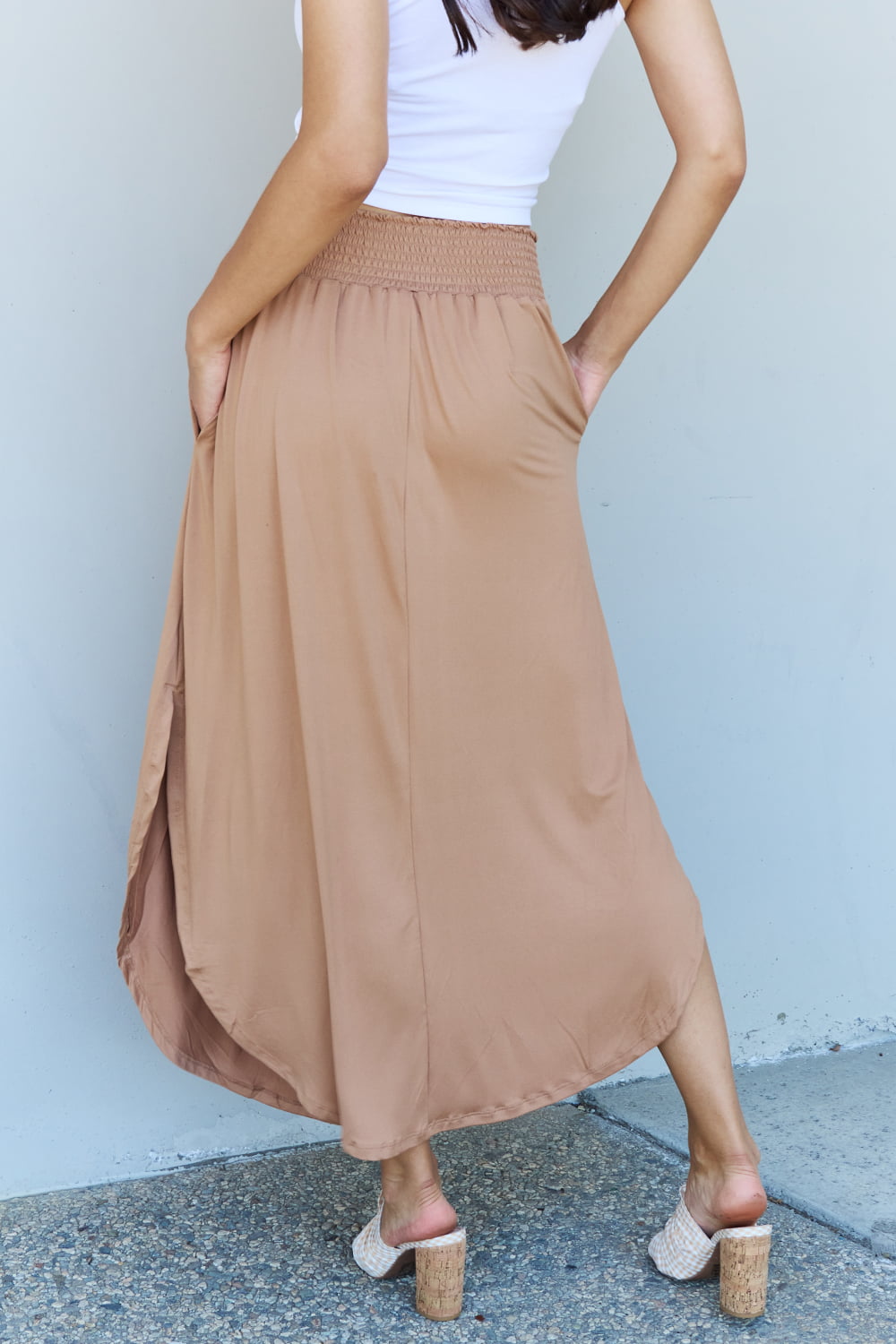 Doublju Comfort Princess Full Size High Waist Scoop Hem Maxi Skirt in Tan | us.meeeshop