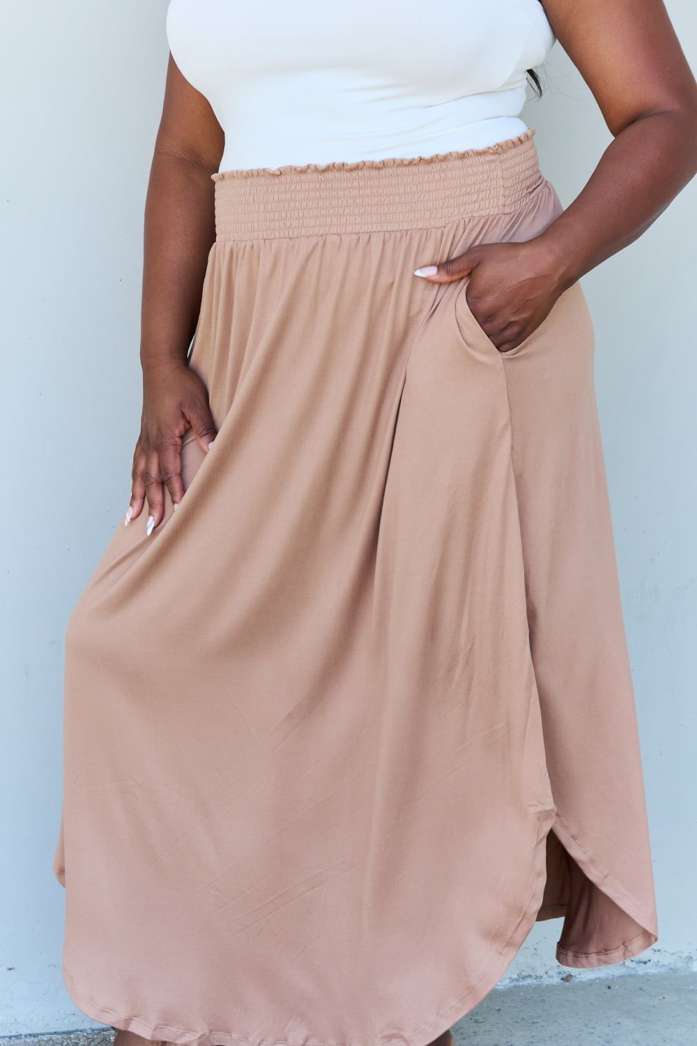 Doublju Comfort Princess Full Size High Waist Scoop Hem Maxi Skirt in Tan us.meeeshop - 