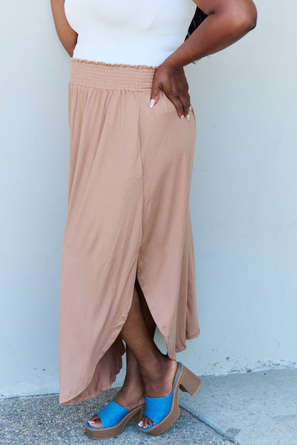 Doublju Comfort Princess Full Size High Waist Scoop Hem Maxi Skirt in Tan us.meeeshop - 