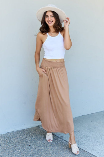 Doublju Comfort Princess Full Size High Waist Scoop Hem Maxi Skirt in Tan us.meeeshop - 