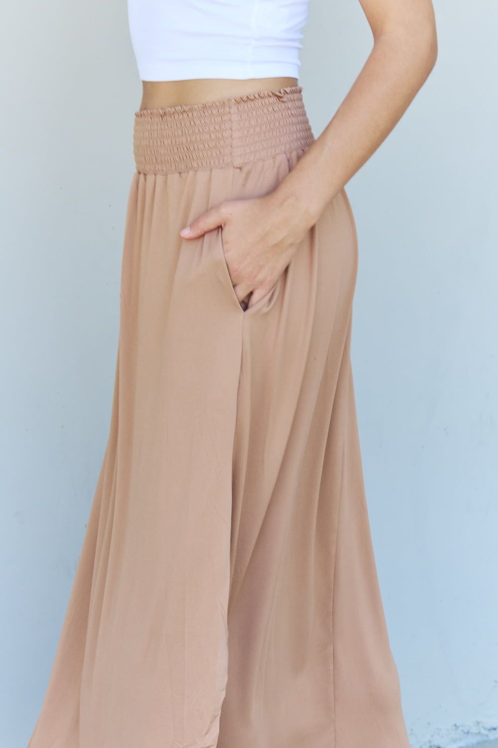 Doublju Comfort Princess Full Size High Waist Scoop Hem Maxi Skirt in Tan us.meeeshop - 