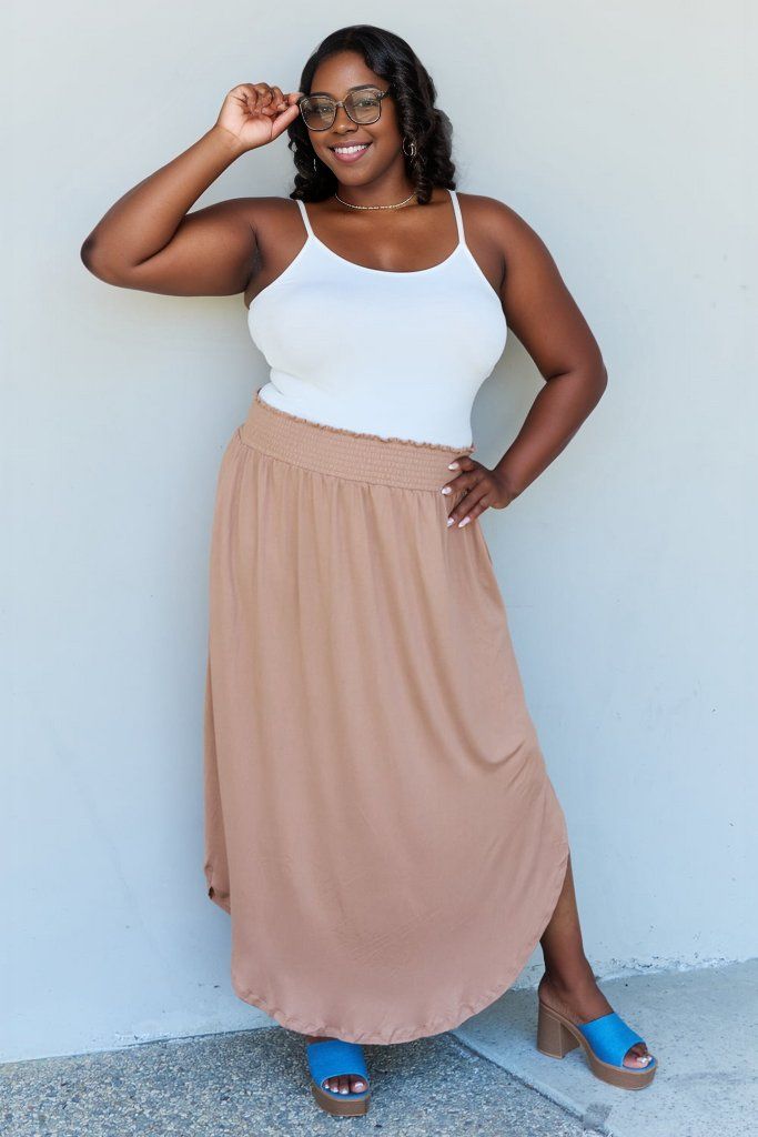 Doublju Comfort Princess Full Size High Waist Scoop Hem Maxi Skirt in Tan us.meeeshop - 