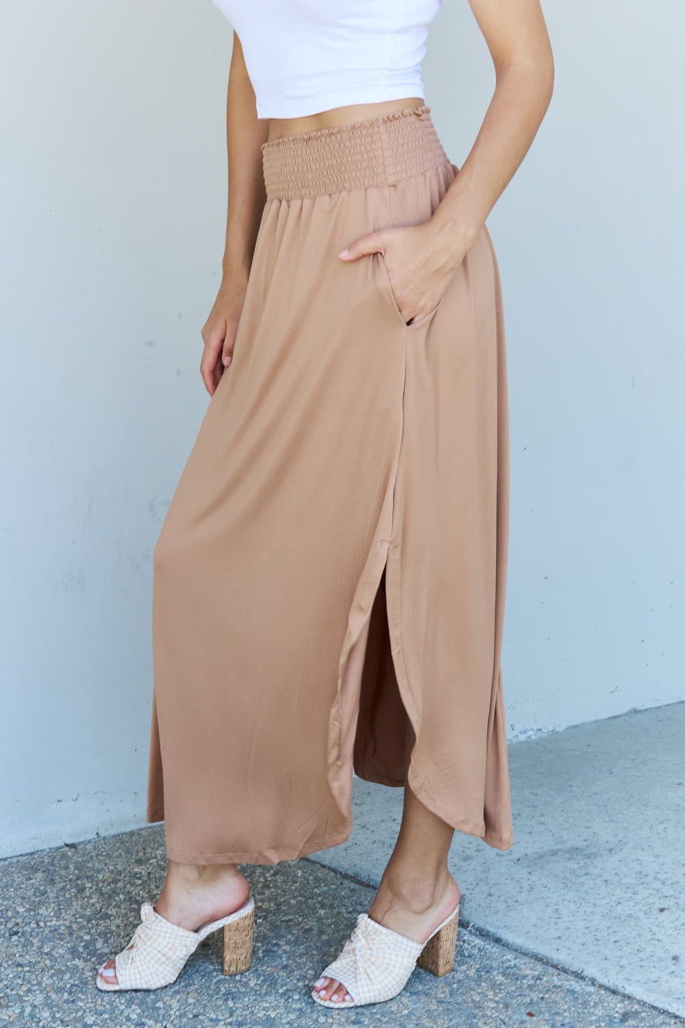 Doublju Comfort Princess Full Size High Waist Scoop Hem Maxi Skirt in Tan us.meeeshop - 