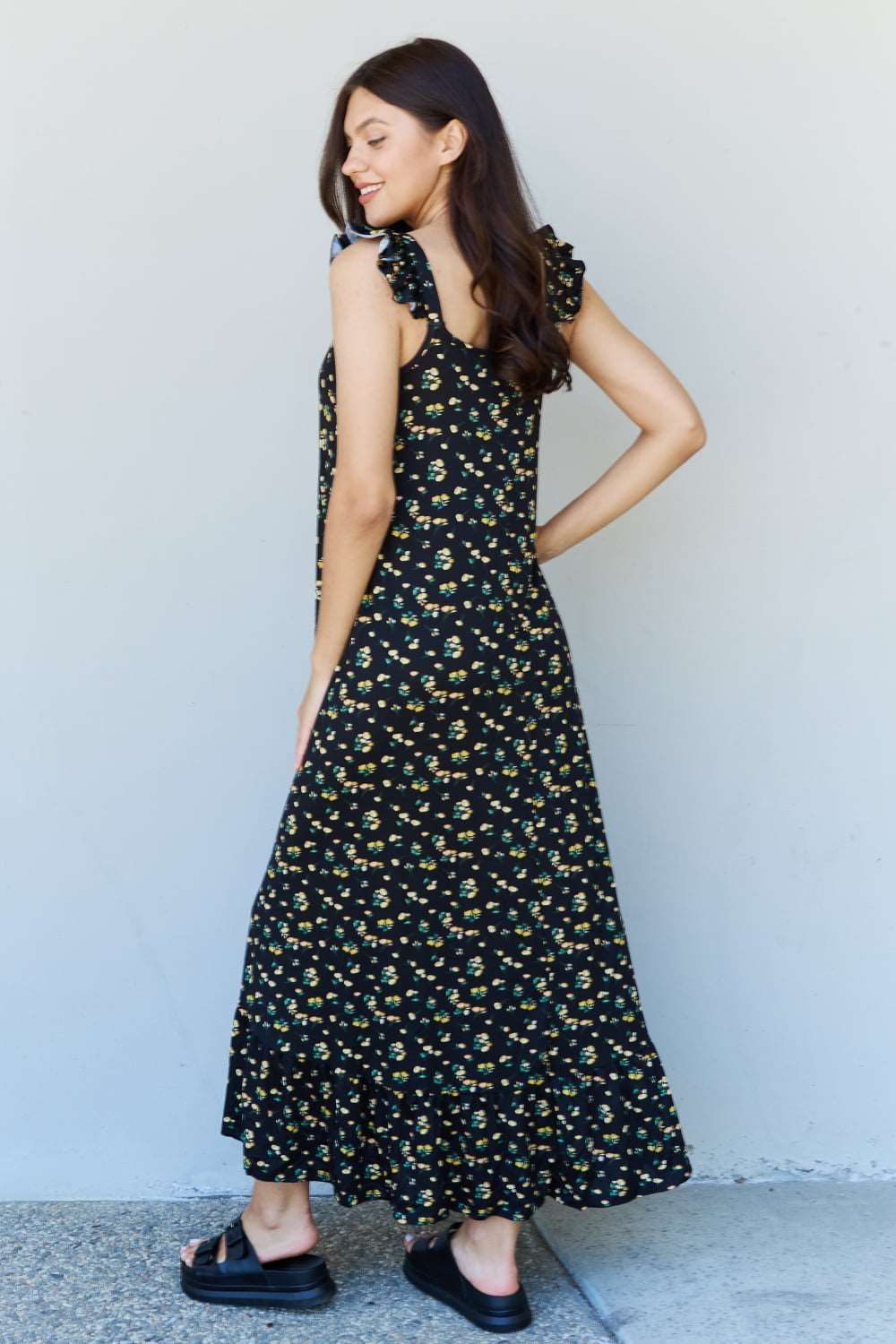 Doublju In The Garden Ruffle Floral Maxi Dress in  Black Yellow Floral us.meeeshop - 