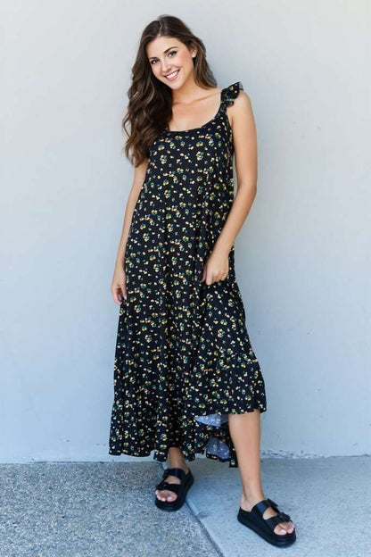 Doublju In The Garden Ruffle Floral Maxi Dress in  Black Yellow Floral us.meeeshop - Dresses