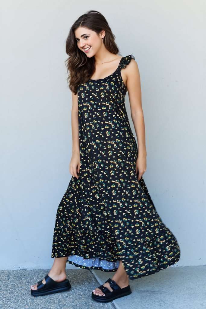 Doublju In The Garden Ruffle Floral Maxi Dress in  Black Yellow Floral us.meeeshop - 