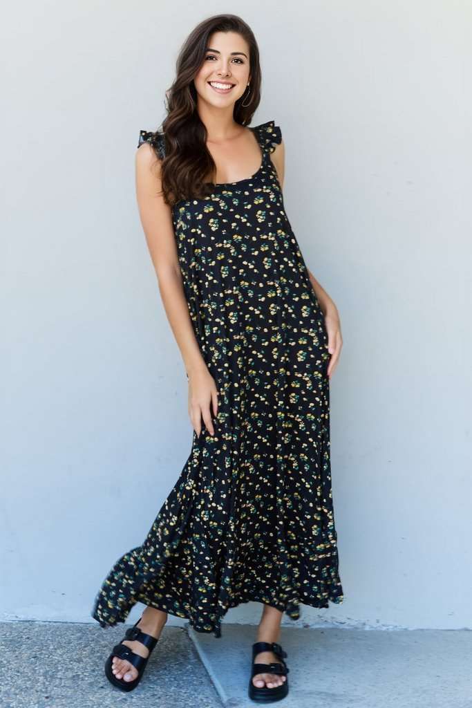 Doublju In The Garden Ruffle Floral Maxi Dress in  Black Yellow Floral us.meeeshop - 