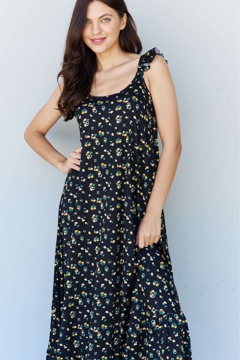 Doublju In The Garden Ruffle Floral Maxi Dress in  Black Yellow Floral us.meeeshop - 