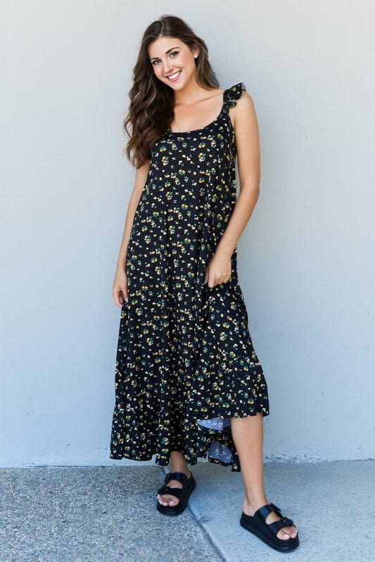 Doublju In The Garden Ruffle Floral Maxi Dress in Black Yellow Floral | us.meeeshop