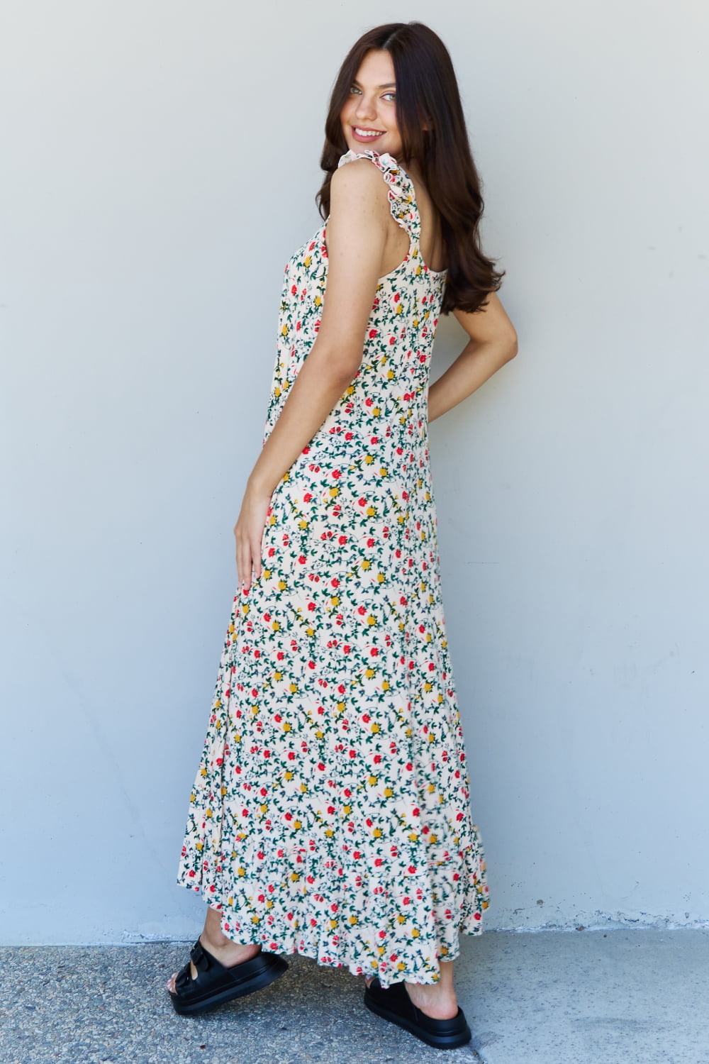 Doublju In The Garden Ruffle Floral Maxi Dress in Natural Rose | us.meeeshop