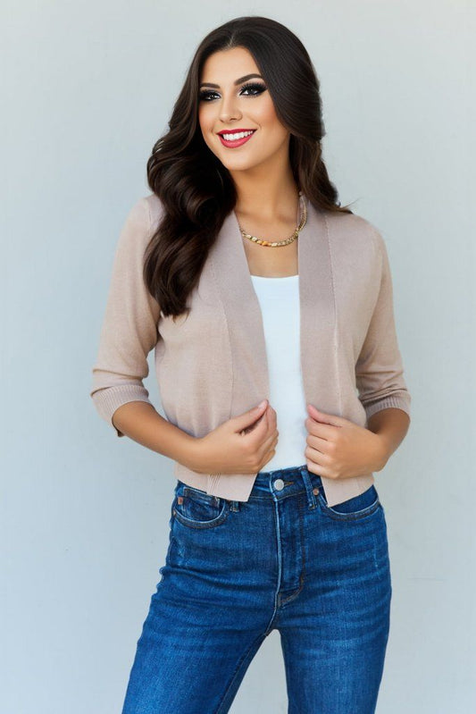 Doublju My Favorite Full Size 3/4 Sleeve Cropped Cardigan in Khaki us.meeeshop - Shirts & Tops