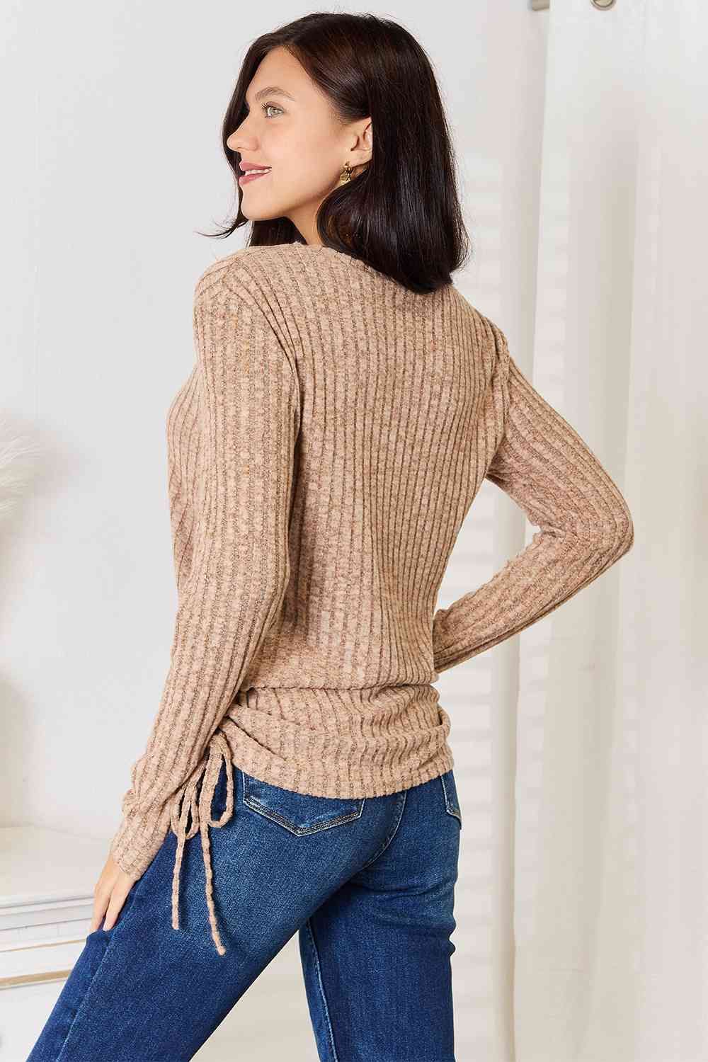 Drawstring Ribbed Long Sleeve T-Shirt us.meeeshop - 