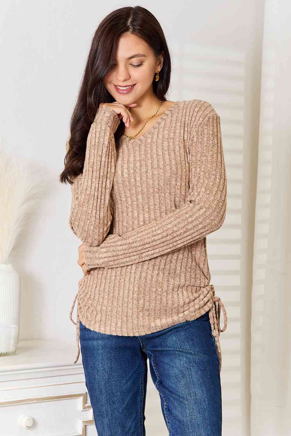 Drawstring Ribbed Long Sleeve T-Shirt us.meeeshop - 