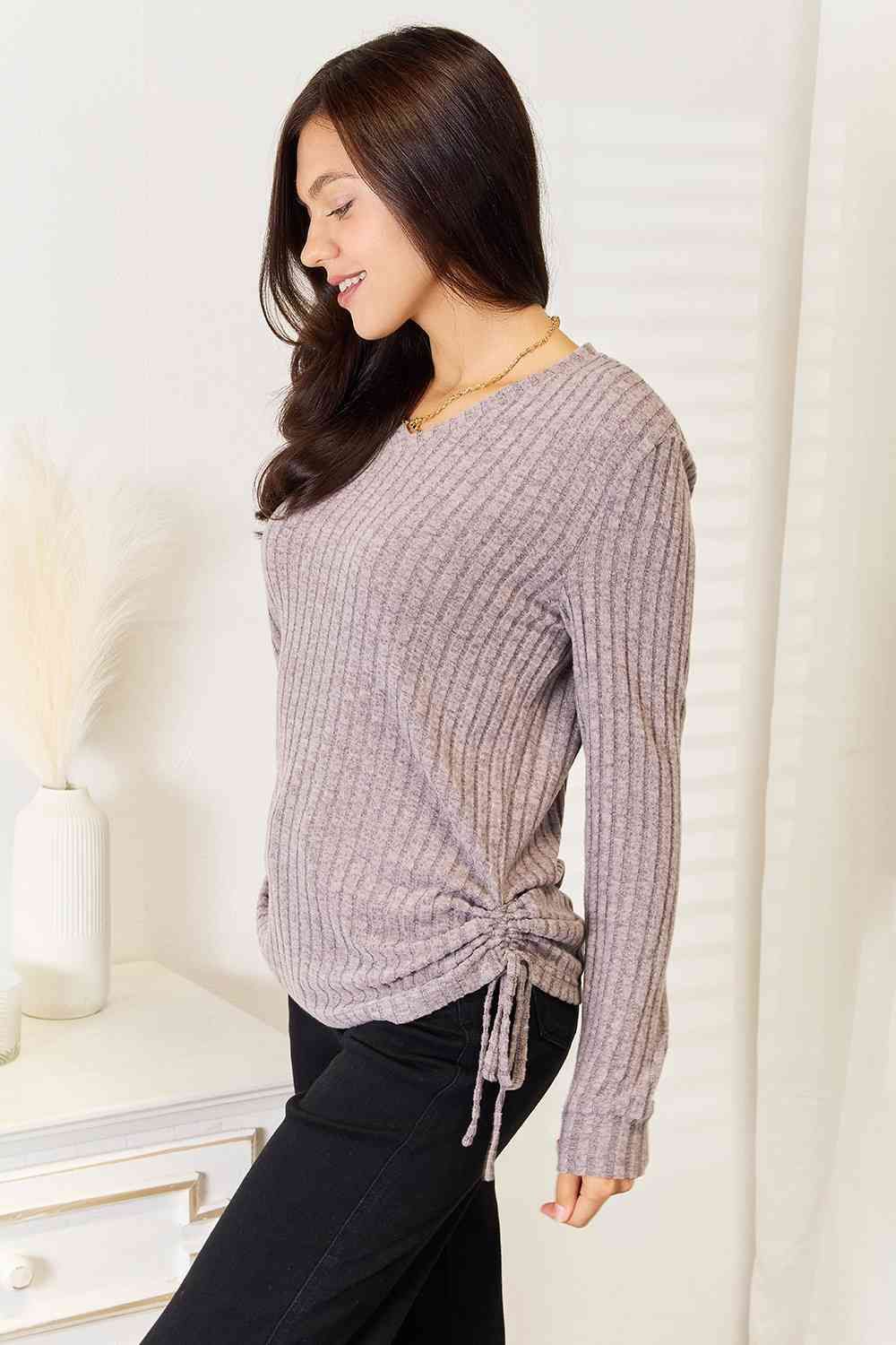 Drawstring Ribbed Long Sleeve T-Shirt us.meeeshop - 