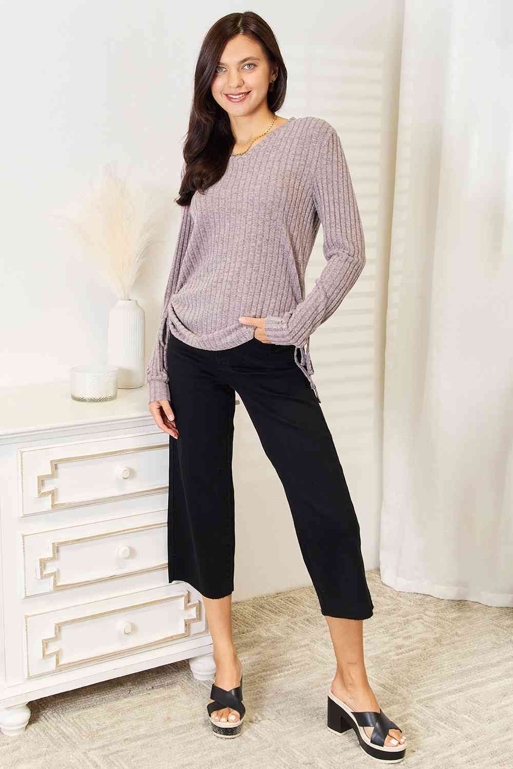 Drawstring Ribbed Long Sleeve T-Shirt us.meeeshop - 