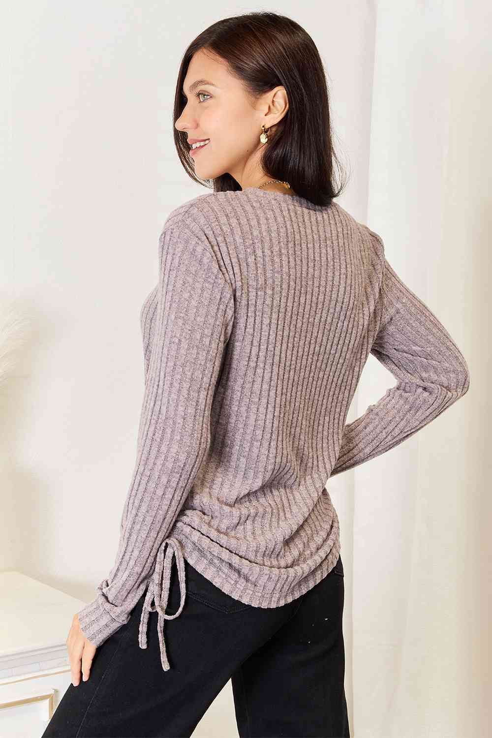 Drawstring Ribbed Long Sleeve T-Shirt us.meeeshop - 