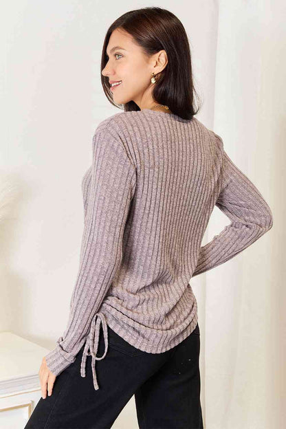 Drawstring Ribbed Long Sleeve T-Shirt us.meeeshop - 