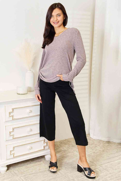 Drawstring Ribbed Long Sleeve T-Shirt - us.meeeshop