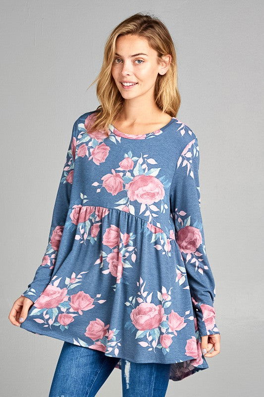 E Luna Floral Print Terry High Low Babydoll Top us.meeeshop - 