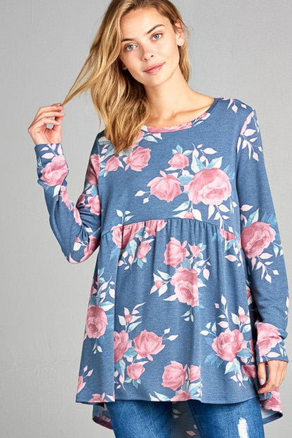 E Luna Floral Print Terry High Low Babydoll Top us.meeeshop - Shirts & Tops