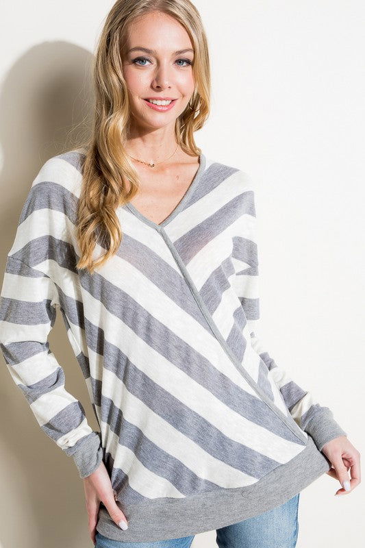 E Luna Hacci Slub Stripe V Neck Top us.meeeshop - 