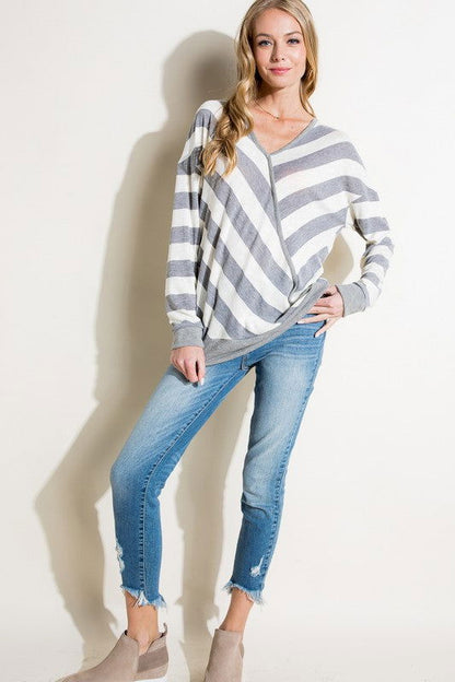 E Luna Hacci Slub Stripe V Neck Top us.meeeshop - 