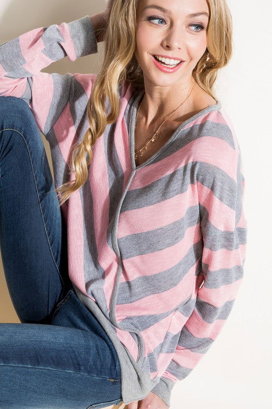 E Luna Hacci Slub Stripe V Neck Top us.meeeshop - 