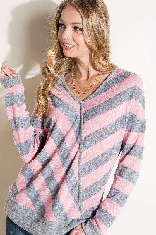 E Luna Hacci Slub Stripe V Neck Top us.meeeshop - Shirts & Tops