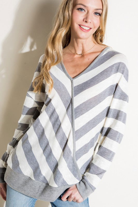 E Luna Hacci Slub Stripe V Neck Top us.meeeshop - 