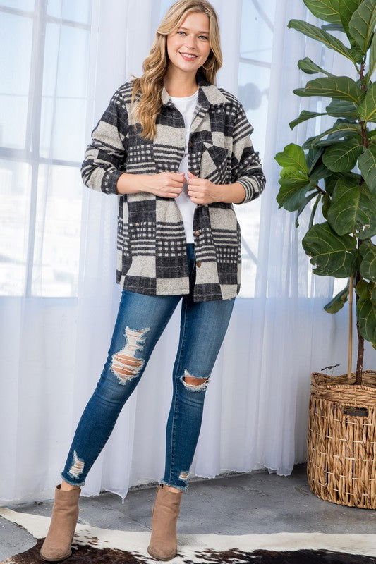 E Luna Plus Fuzzy Plaid Button Down Shacket us.meeeshop - 