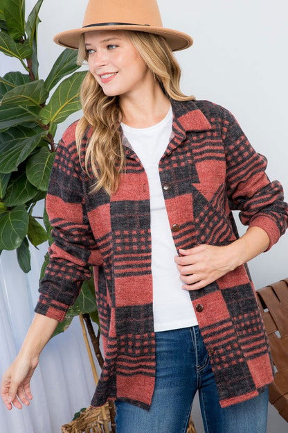 E Luna Plus Fuzzy Plaid Button Down Shacket us.meeeshop - 