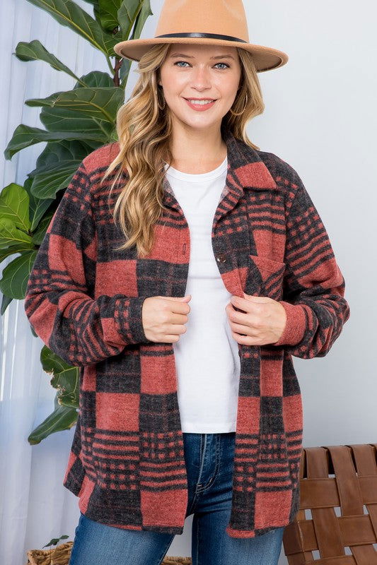 E Luna Plus Fuzzy Plaid Button Down Shacket us.meeeshop - Coats & Jackets