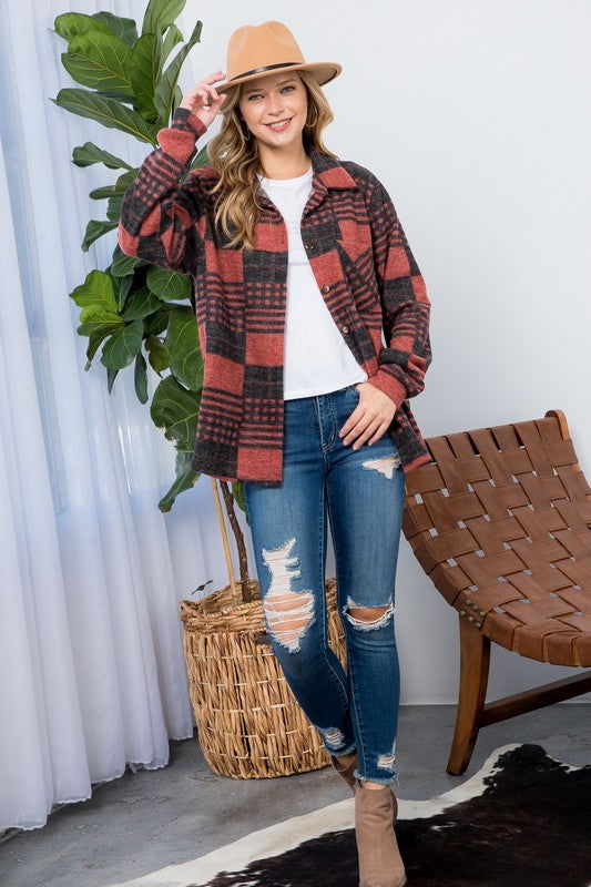 E Luna Plus Fuzzy Plaid Button Down Shacket us.meeeshop - 