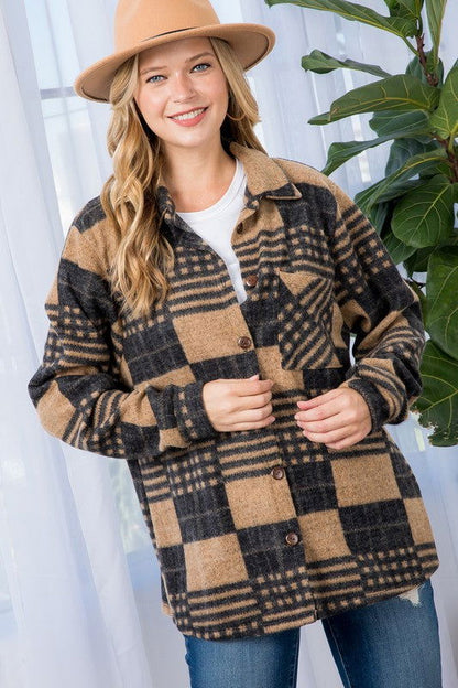 E Luna Plus Fuzzy Plaid Button Down Shacket us.meeeshop - 