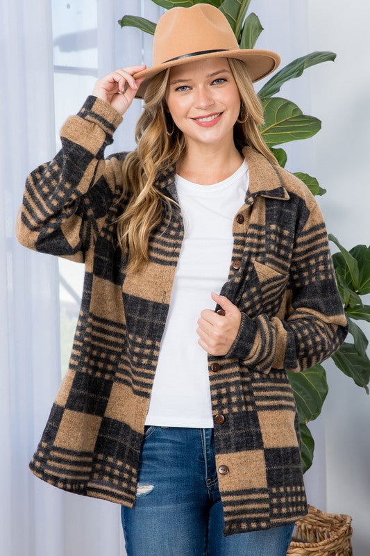 E Luna Plus Fuzzy Plaid Button Down Shacket us.meeeshop - 