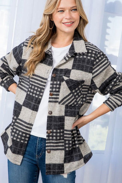 E Luna Plus Fuzzy Plaid Button Down Shacket us.meeeshop - 