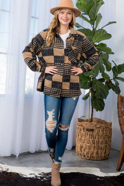 E Luna Plus Fuzzy Plaid Button Down Shacket us.meeeshop - 