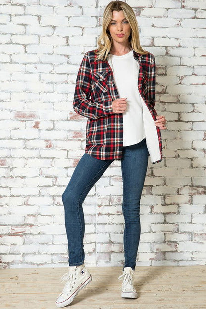 E Luna Plus Fuzzy Plaid Buttondown Shirts us.meeeshop - 